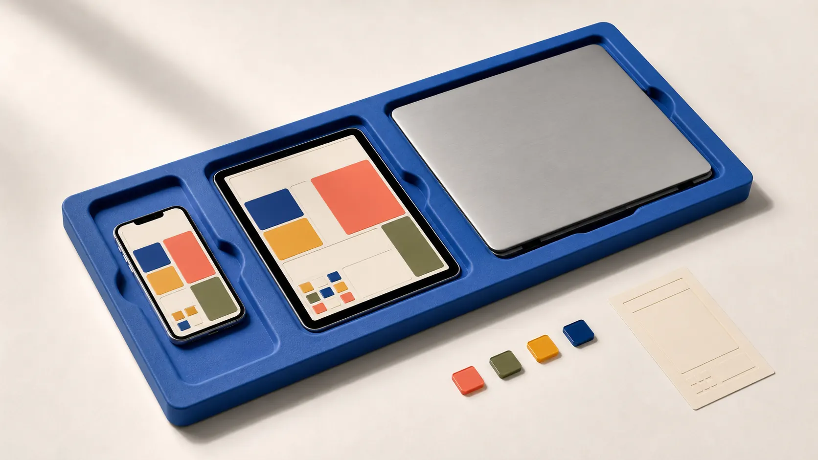 A phone, tablet, and laptop arriving together in a blue fitted tray