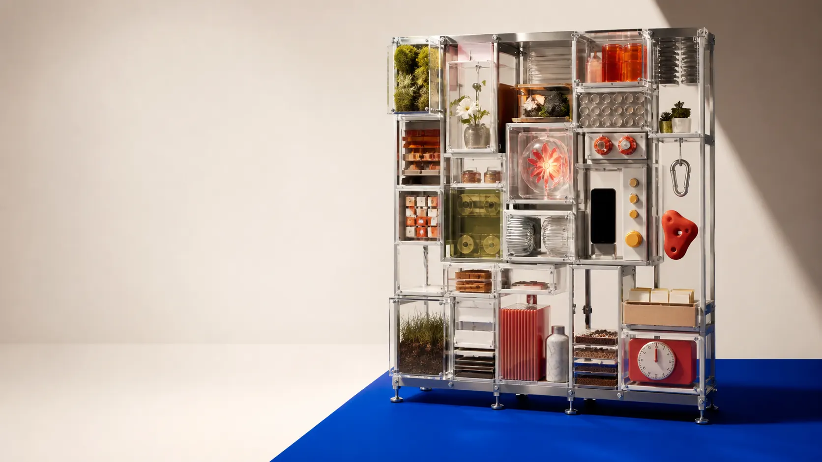 A modular cabinet filled with tactile objects representing personal apps
